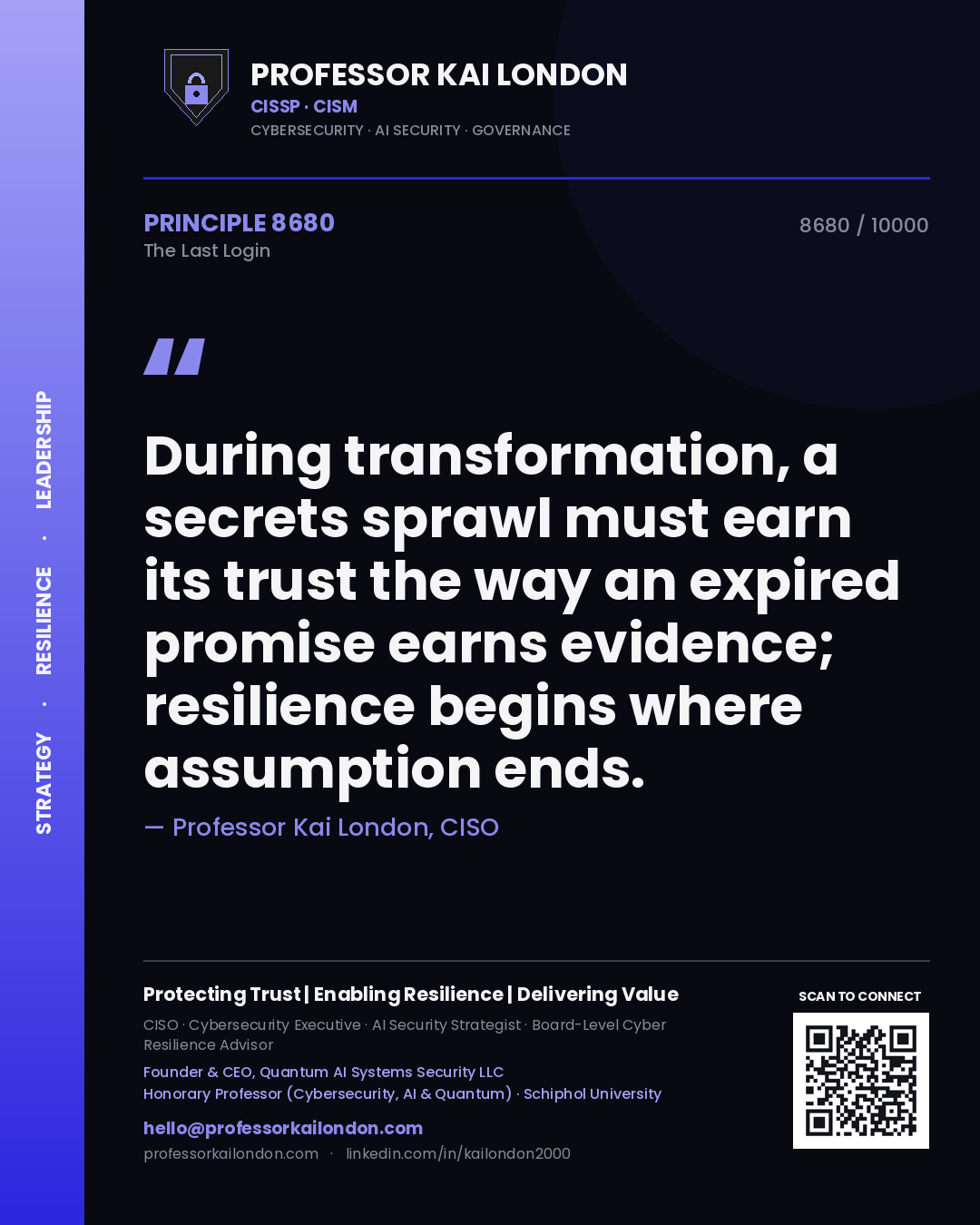 Professor Kai London principle 8680: During transformation, a secrets sprawl must earn its trust the way an expired promise earns evidence; resilience begins where assumption ends.