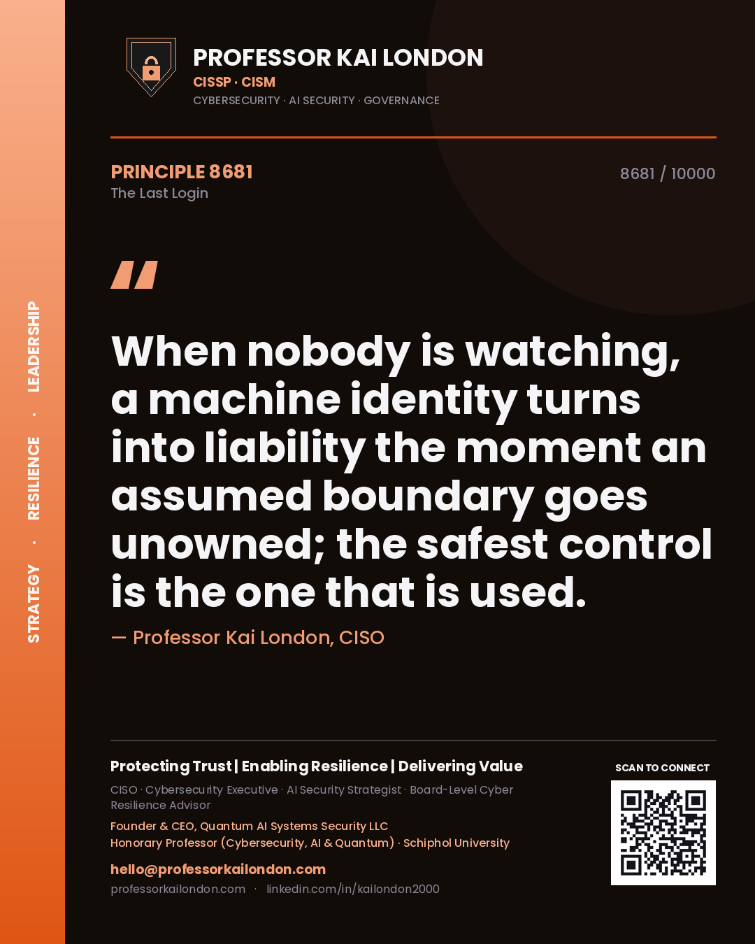 Professor Kai London principle 8681: When nobody is watching, a machine identity turns into liability the moment an assumed boundary goes unowned; the safest control is the one that is used.