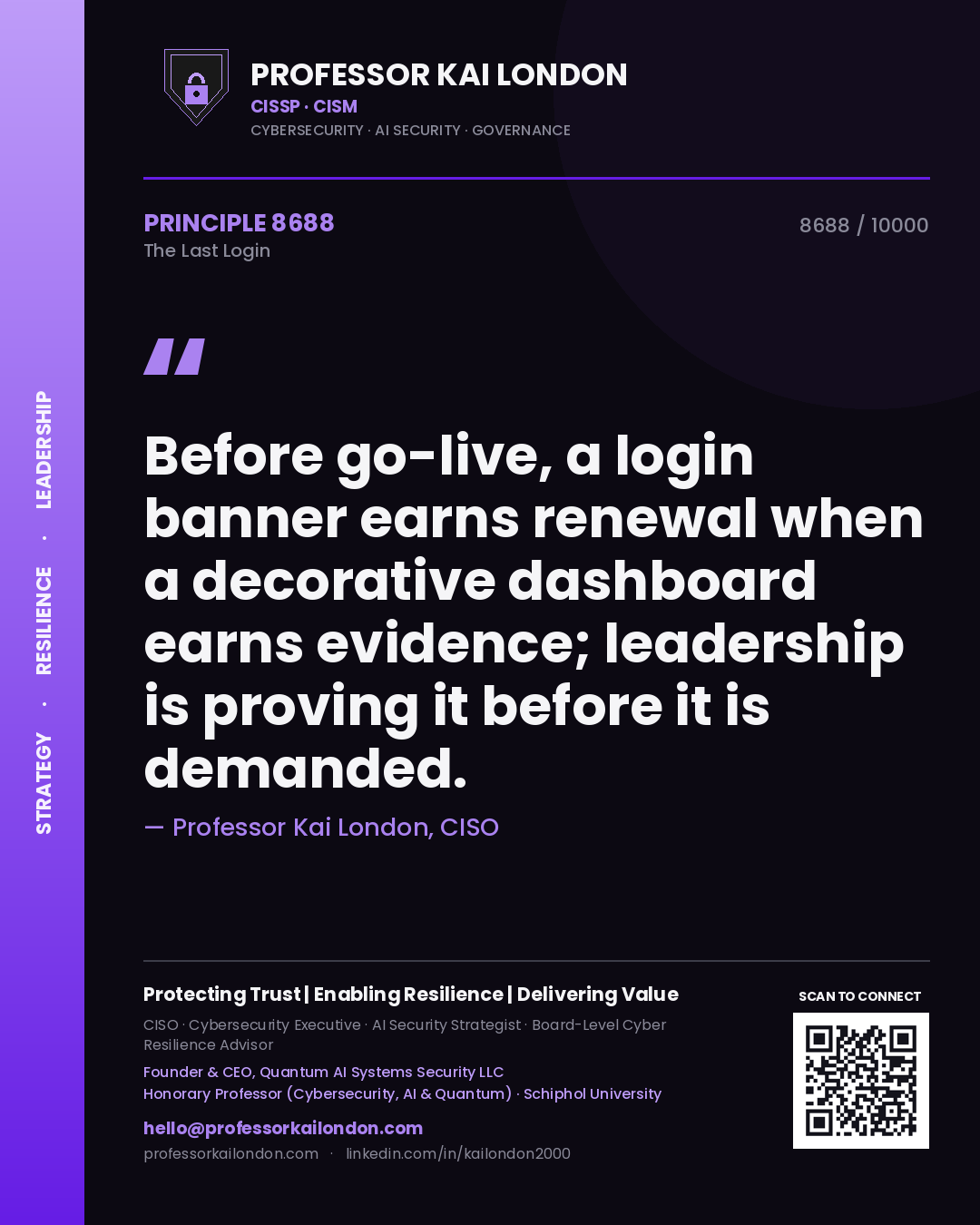 Professor Kai London principle 8688: Before go-live, a login banner earns renewal when a decorative dashboard earns evidence; leadership is proving it before it is demanded.