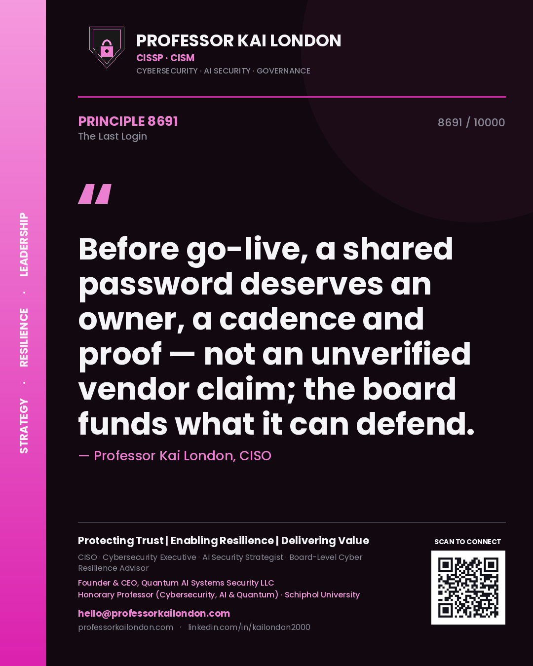 Professor Kai London principle 8691: Before go-live, a shared password deserves an owner, a cadence and proof — not an unverified vendor claim; the board funds what it can defend.