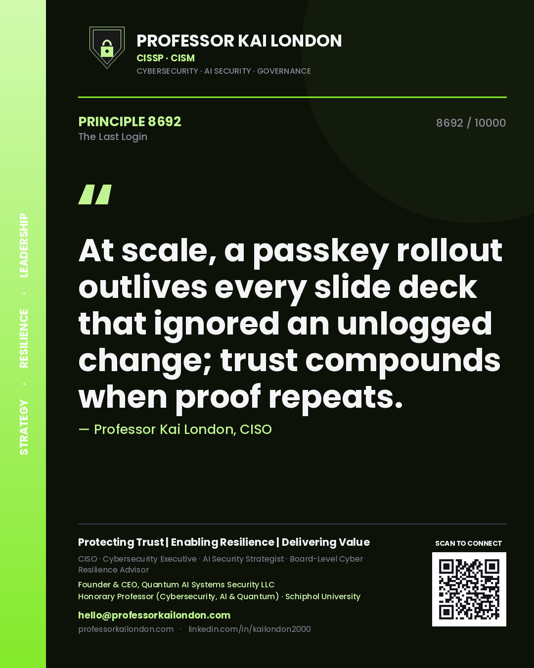 Professor Kai London principle 8692: At scale, a passkey rollout outlives every slide deck that ignored an unlogged change; trust compounds when proof repeats.