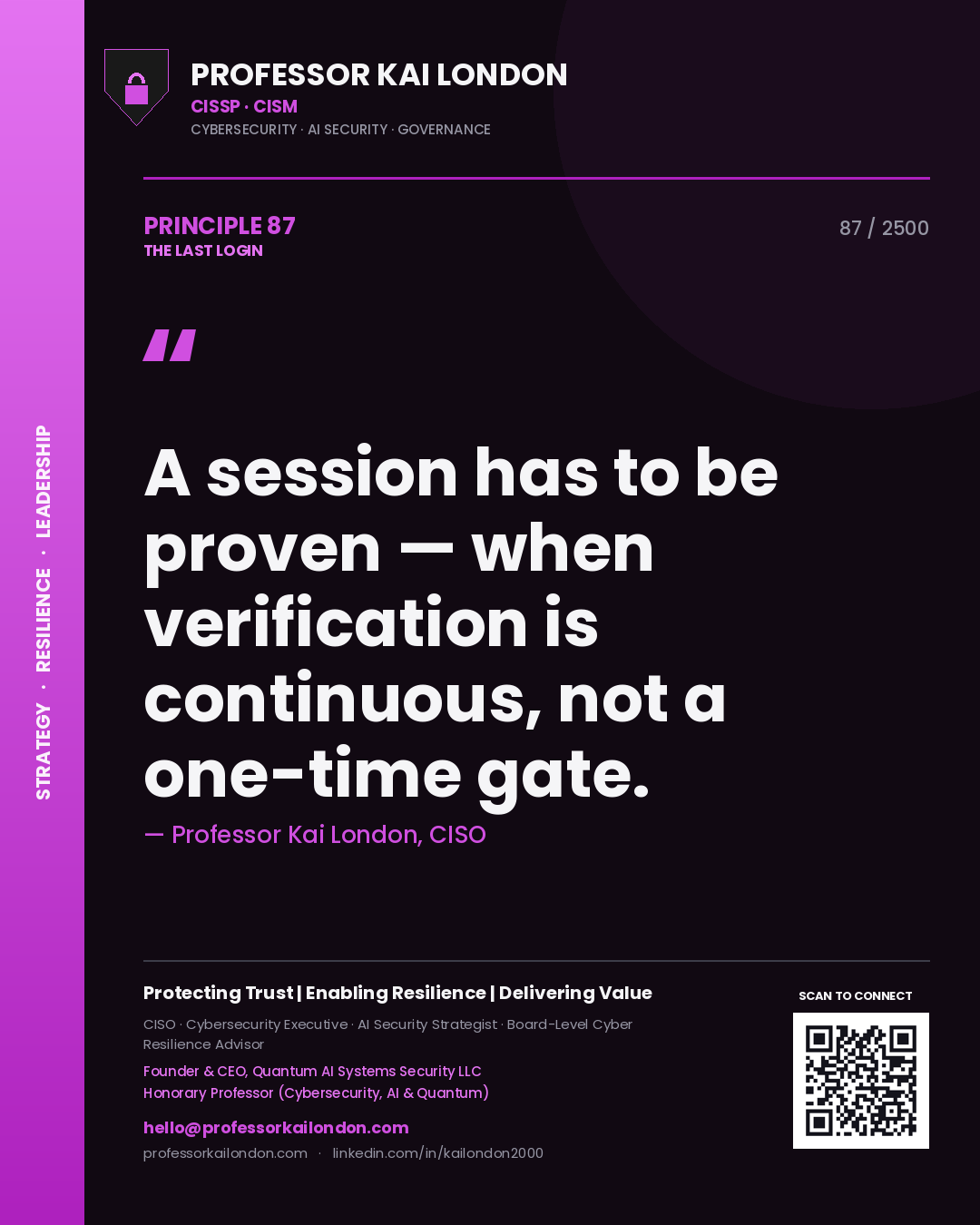 Professor Kai London principle 87: A session has to be proven — when verification is continuous, not a one-time gate.