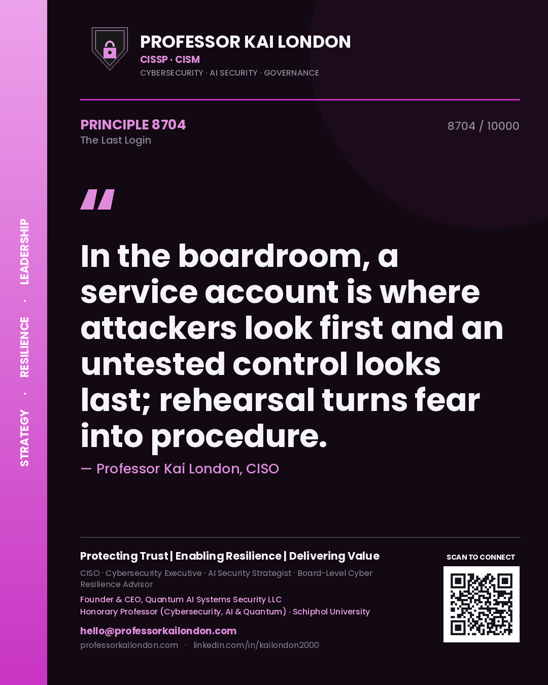 Quote card by Professor Kai London reading 'In the boardroom, a service account is where attackers look first and an untested control looks last; rehearsal turns fear into procedure.'. From the book The Last Login.