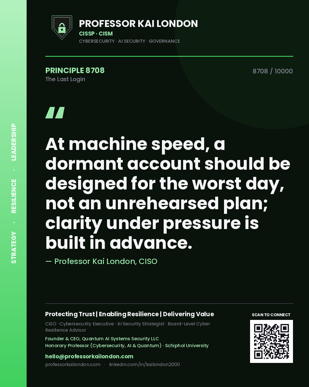 Quote card by Professor Kai London reading 'At machine speed, a dormant account should be designed for the worst day, not an unrehearsed plan; clarity under pressure is built in advance.'. From the book The Last Login.