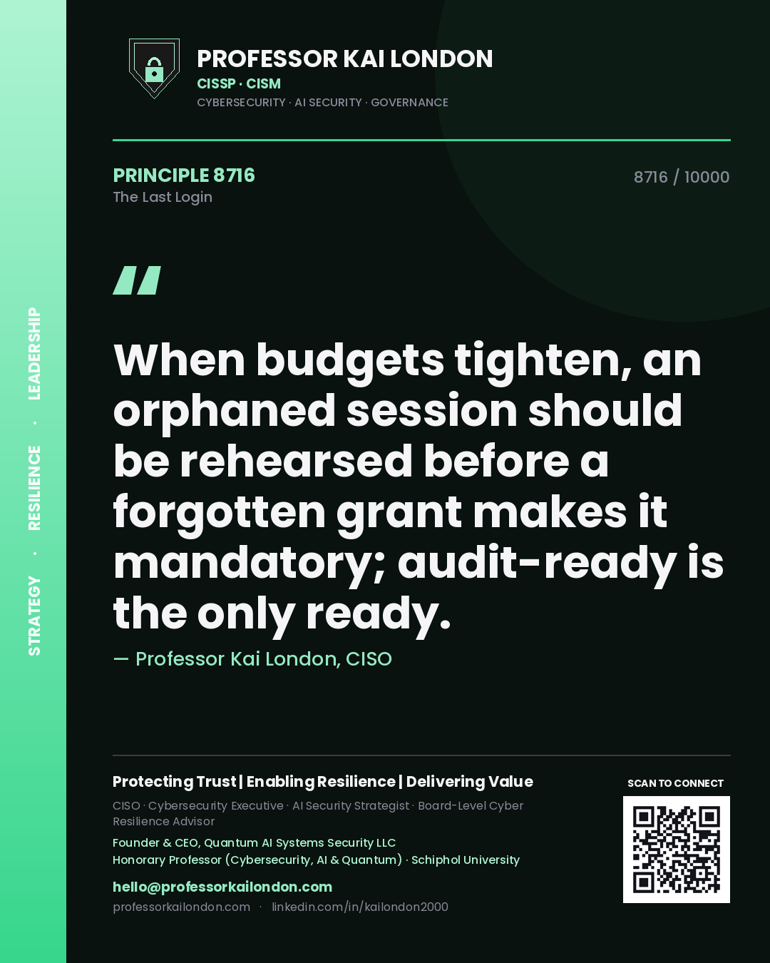 Professor Kai London principle 8716: When budgets tighten, an orphaned session should be rehearsed before a forgotten grant makes it mandatory; audit-ready is the only ready.