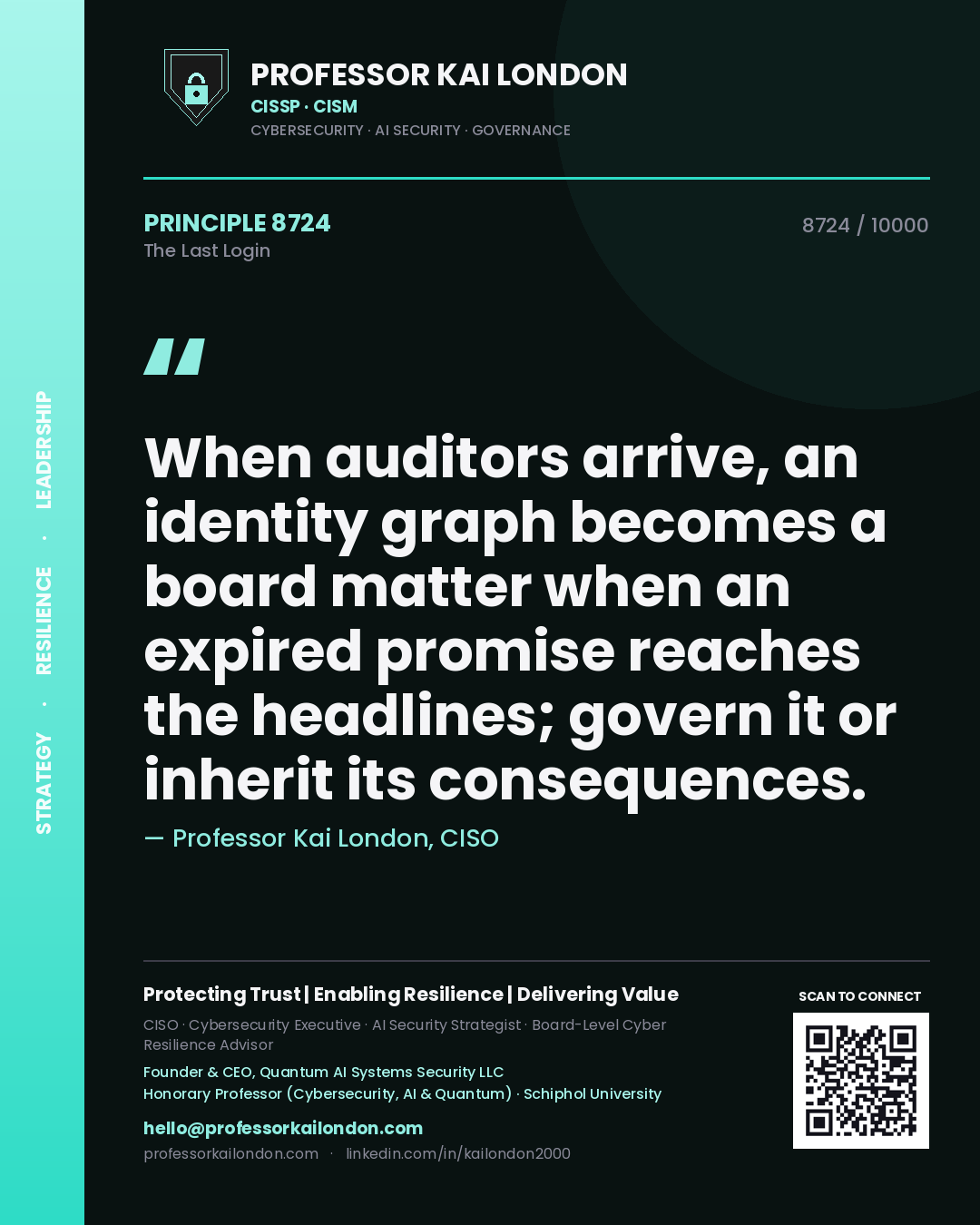 Professor Kai London principle 8724: When auditors arrive, an identity graph becomes a board matter when an expired promise reaches the headlines; govern it or inherit its consequences.