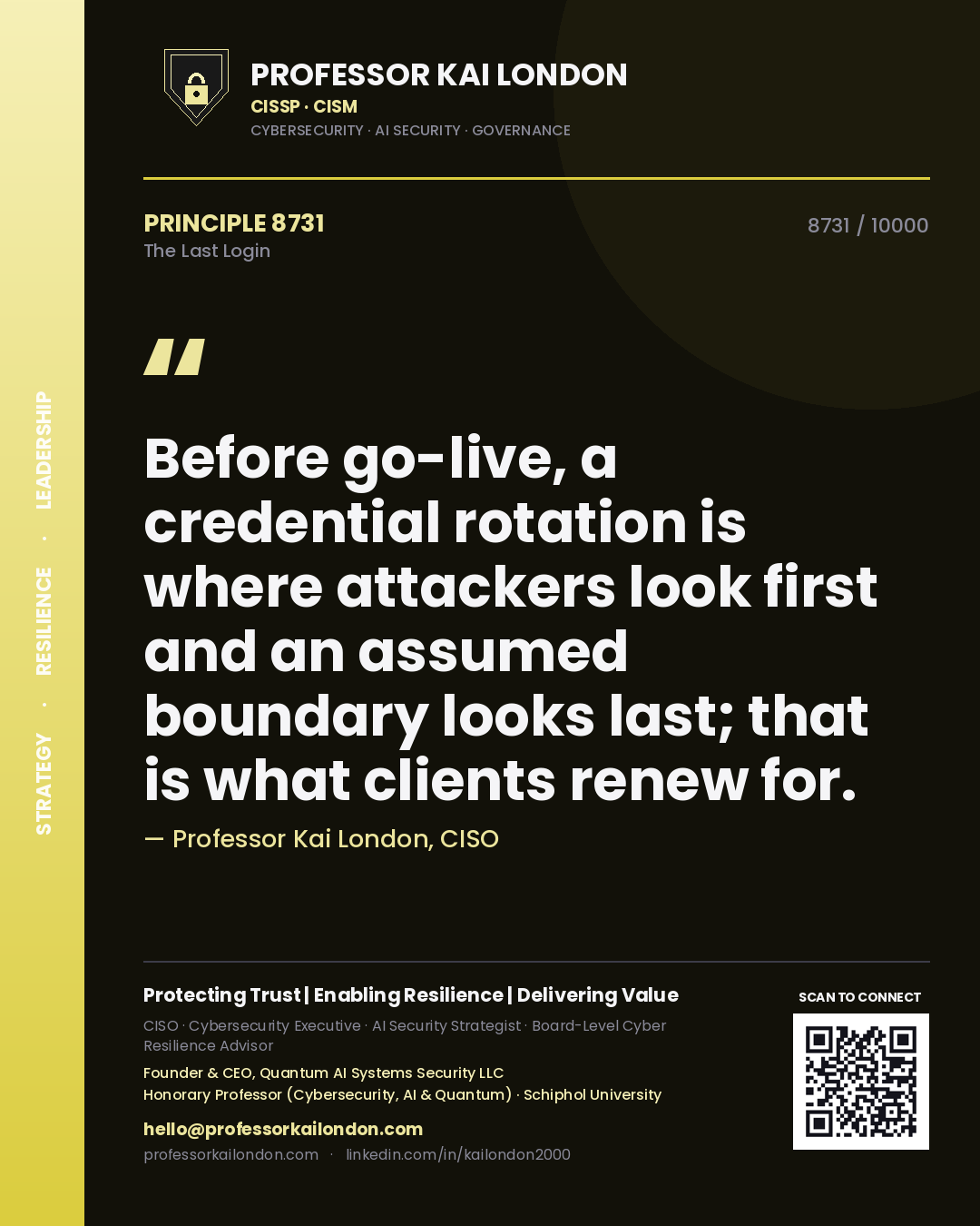 Quote card by Professor Kai London reading 'Before go-live, a credential rotation is where attackers look first and an assumed boundary looks last; that is what clients renew for.'. From the book The Last Login.