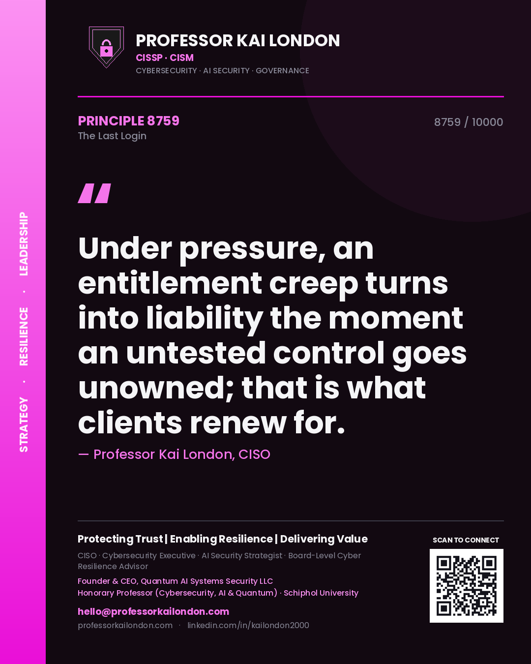 Professor Kai London principle 8759: Under pressure, an entitlement creep turns into liability the moment an untested control goes unowned; that is what clients renew for.