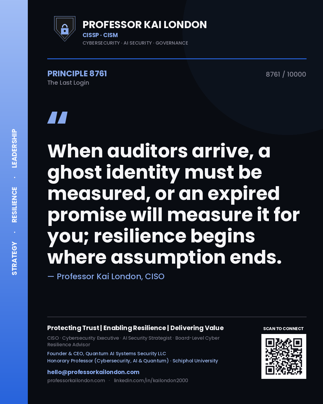Quote card by Professor Kai London reading 'When auditors arrive, a ghost identity must be measured, or an expired promise will measure it for you; resilience begins where assumption ends.'. From the book The Last Login.