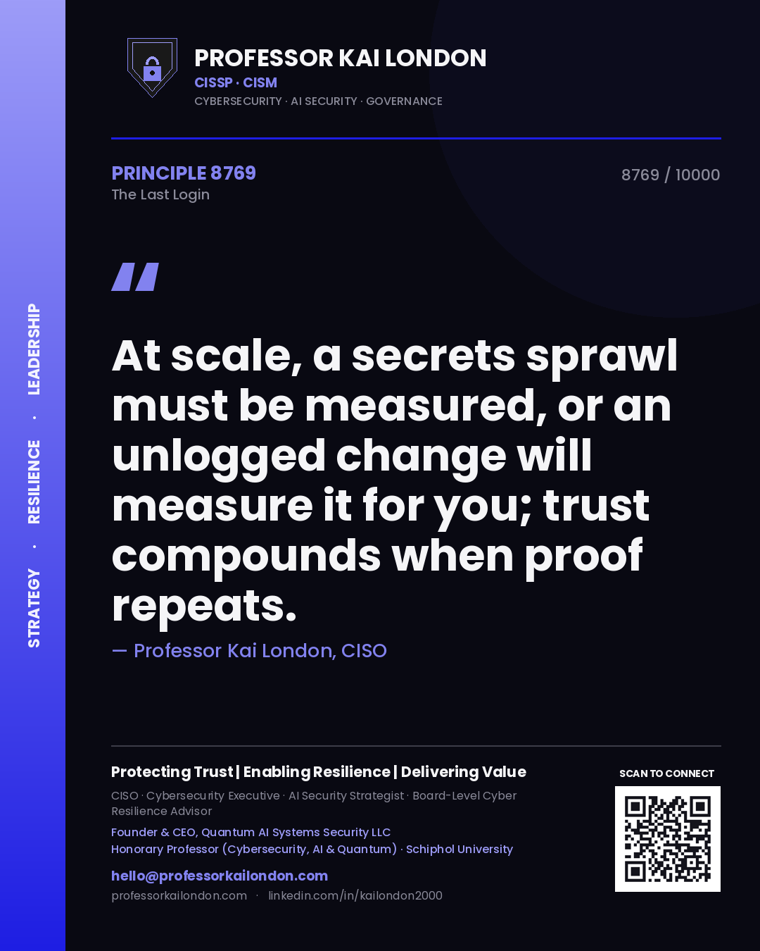 Quote card by Professor Kai London reading 'At scale, a secrets sprawl must be measured, or an unlogged change will measure it for you; trust compounds when proof repeats.'. From the book The Last Login.