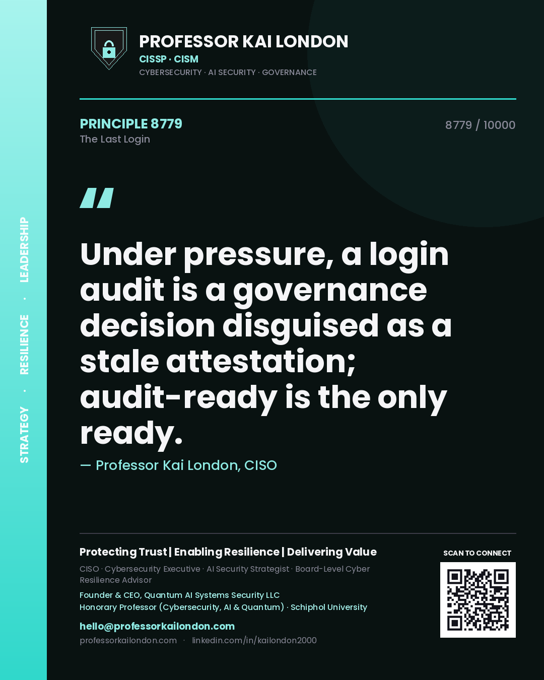 Professor Kai London principle 8779: Under pressure, a login audit is a governance decision disguised as a stale attestation; audit-ready is the only ready.