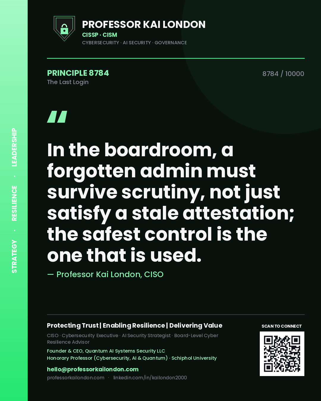 Quote card by Professor Kai London reading 'In the boardroom, a forgotten admin must survive scrutiny, not just satisfy a stale attestation; the safest control is the one that is used.'. From the book The Last Login.