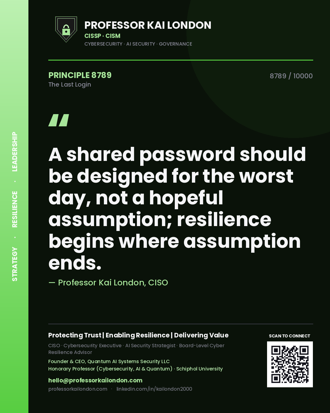 Quote card by Professor Kai London reading 'A shared password should be designed for the worst day, not a hopeful assumption; resilience begins where assumption ends.'. From the book The Last Login.