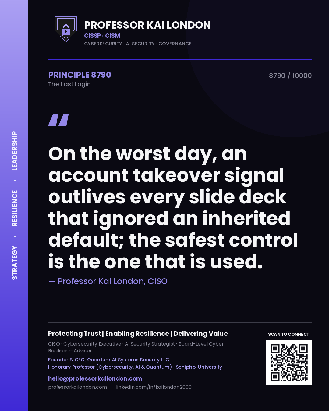 Quote card by Professor Kai London reading 'On the worst day, an account takeover signal outlives every slide deck that ignored an inherited default; the safest control is the one that is used.'. From the book The Last Login.