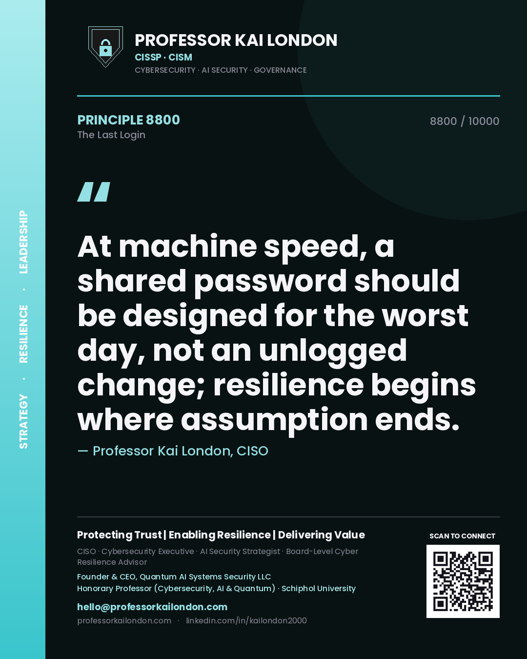Professor Kai London principle 8800: At machine speed, a shared password should be designed for the worst day, not an unlogged change; resilience begins where assumption ends.