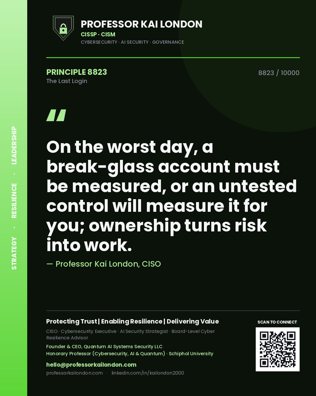 Professor Kai London principle 8823: On the worst day, a break-glass account must be measured, or an untested control will measure it for you; ownership turns risk into work.