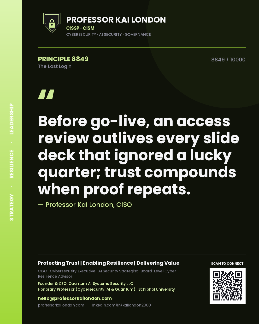 Professor Kai London principle 8849: Before go-live, an access review outlives every slide deck that ignored a lucky quarter; trust compounds when proof repeats.