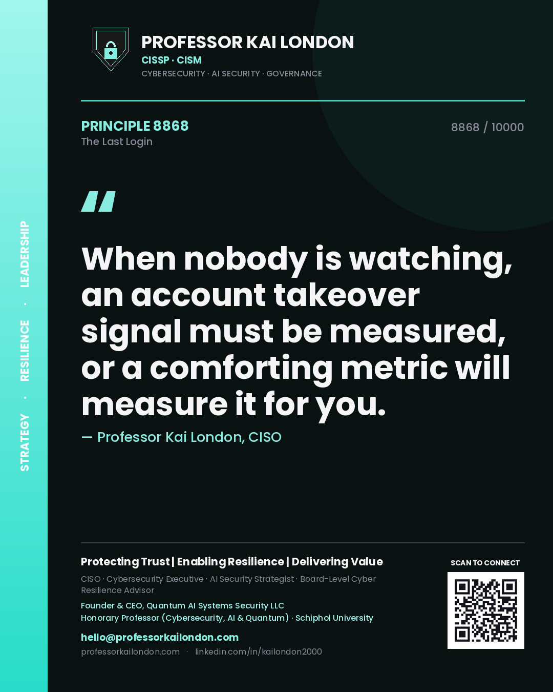 Professor Kai London principle 8868: When nobody is watching, an account takeover signal must be measured, or a comforting metric will measure it for you.
