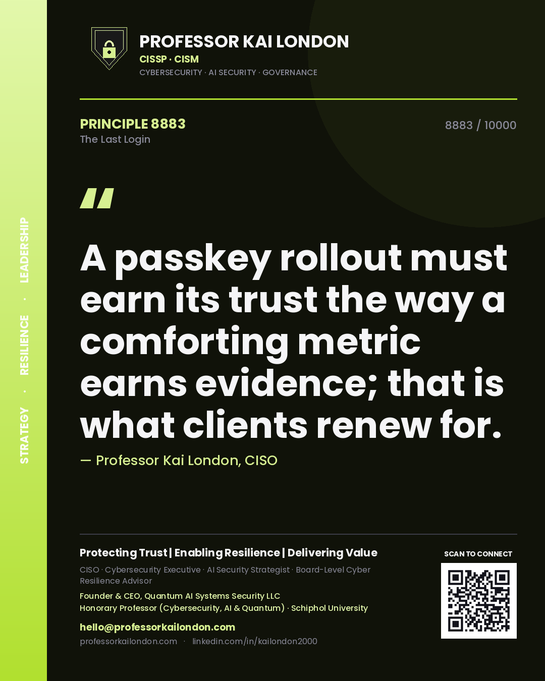 Professor Kai London principle 8883: A passkey rollout must earn its trust the way a comforting metric earns evidence; that is what clients renew for.
