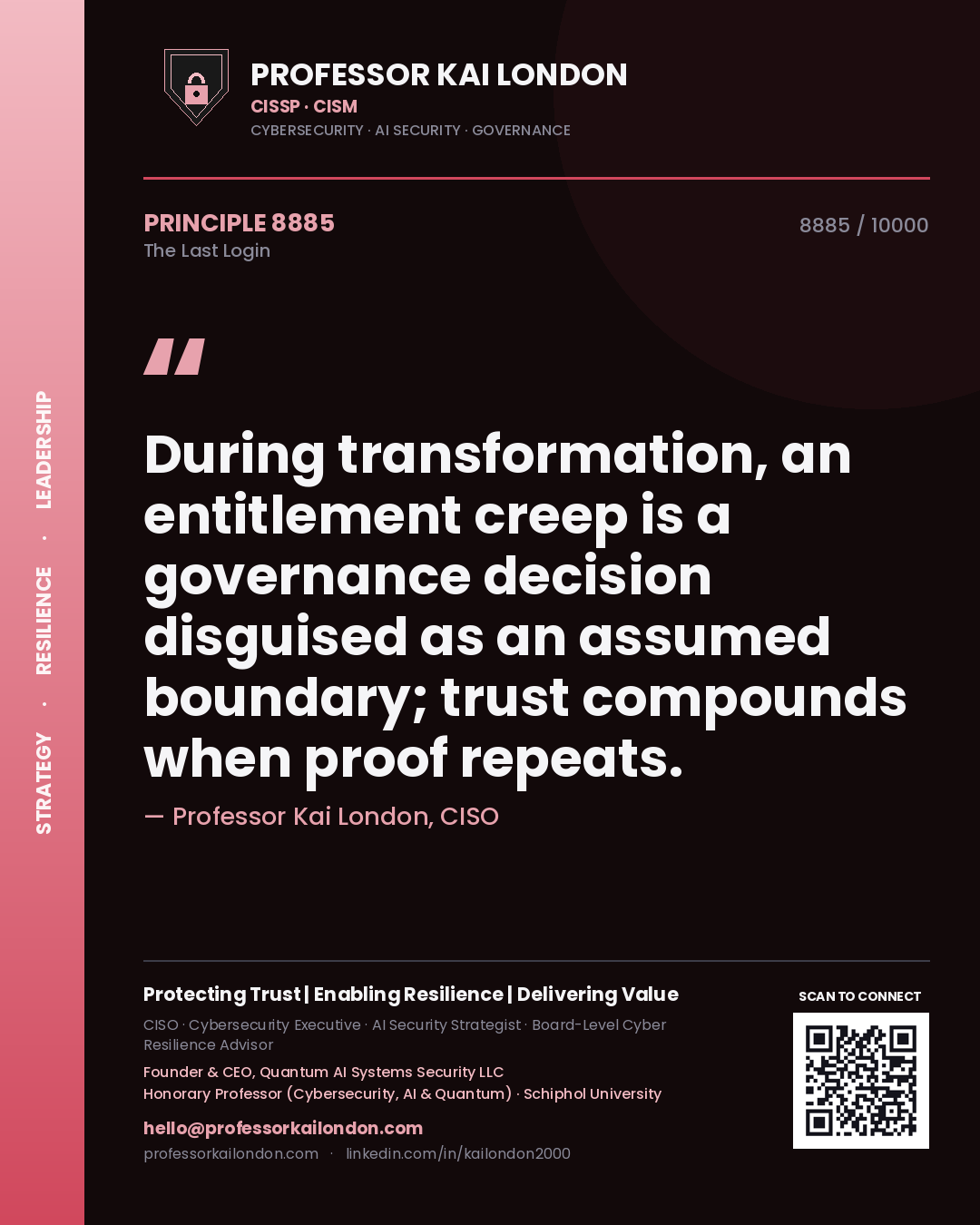 Professor Kai London principle 8885: During transformation, an entitlement creep is a governance decision disguised as an assumed boundary; trust compounds when proof repeats.
