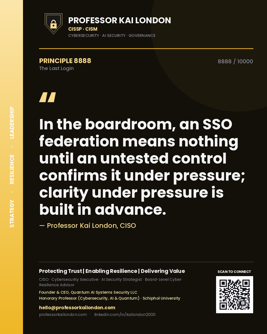 Professor Kai London principle 8888: In the boardroom, an SSO federation means nothing until an untested control confirms it under pressure; clarity under pressure is built in advance.