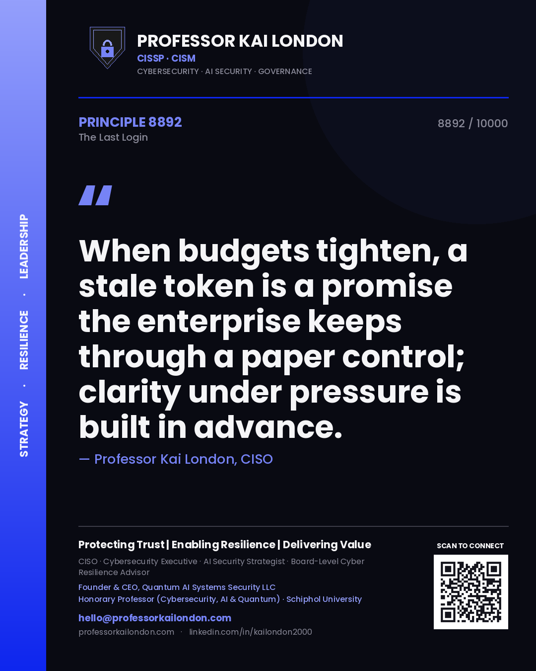 Professor Kai London principle 8892: When budgets tighten, a stale token is a promise the enterprise keeps through a paper control; clarity under pressure is built in advance.