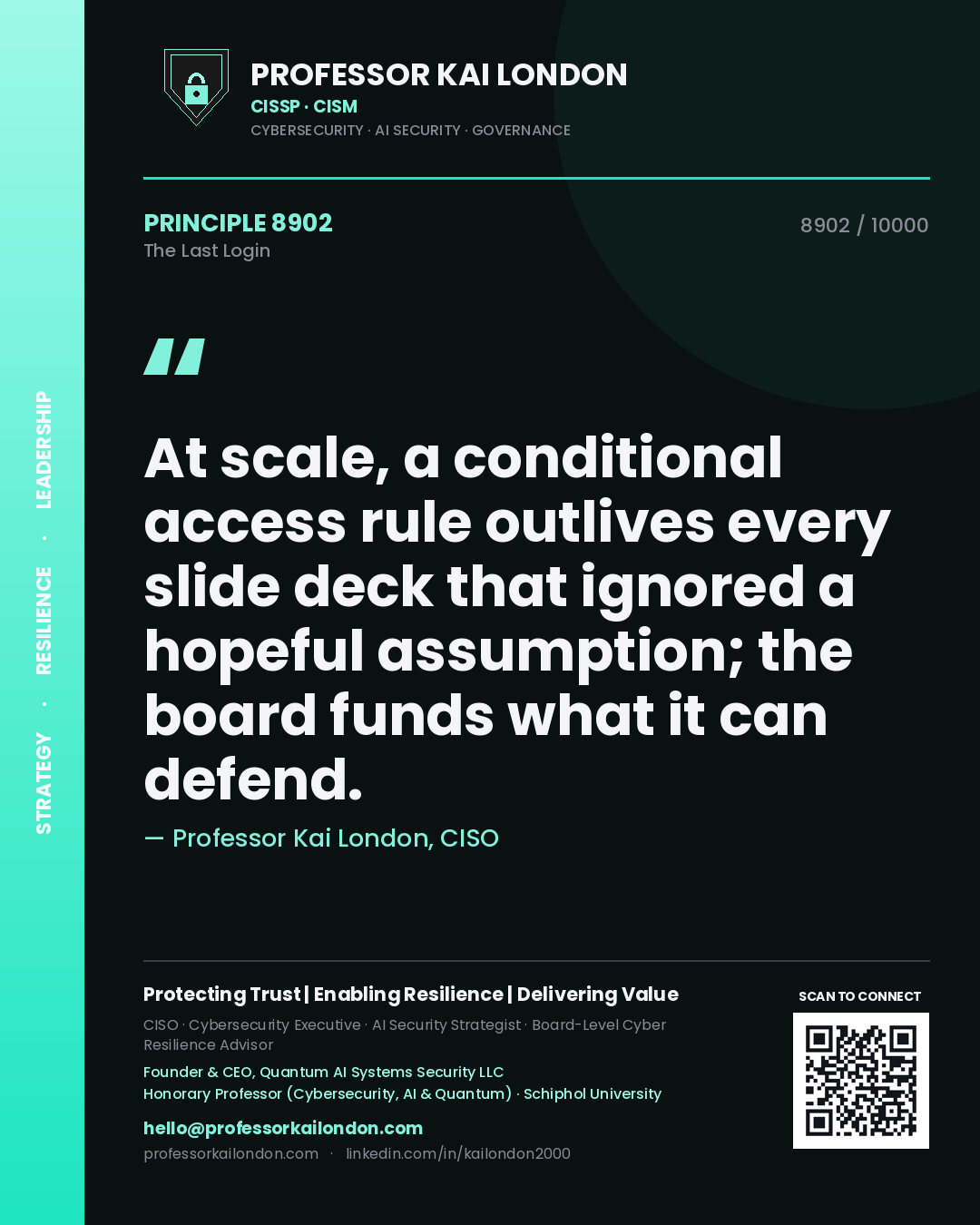 Professor Kai London principle 8902: At scale, a conditional access rule outlives every slide deck that ignored a hopeful assumption; the board funds what it can defend.