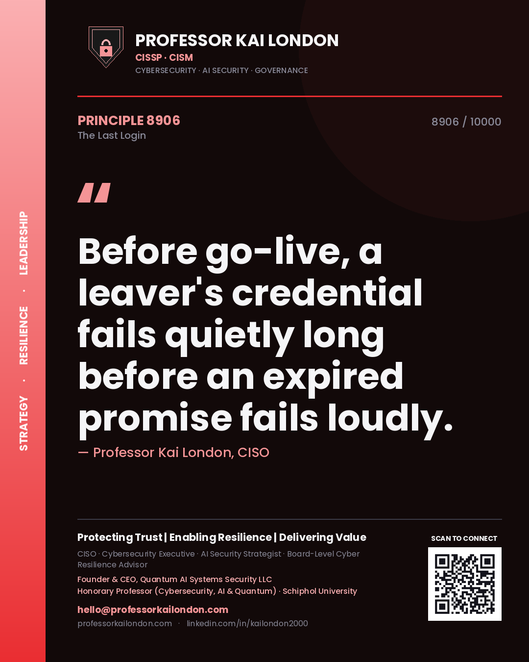 Professor Kai London principle 8906: Before go-live, a leaver's credential fails quietly long before an expired promise fails loudly.