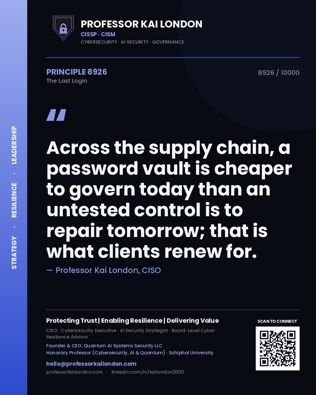 Professor Kai London principle 8926: Across the supply chain, a password vault is cheaper to govern today than an untested control is to repair tomorrow; that is what clients renew for.