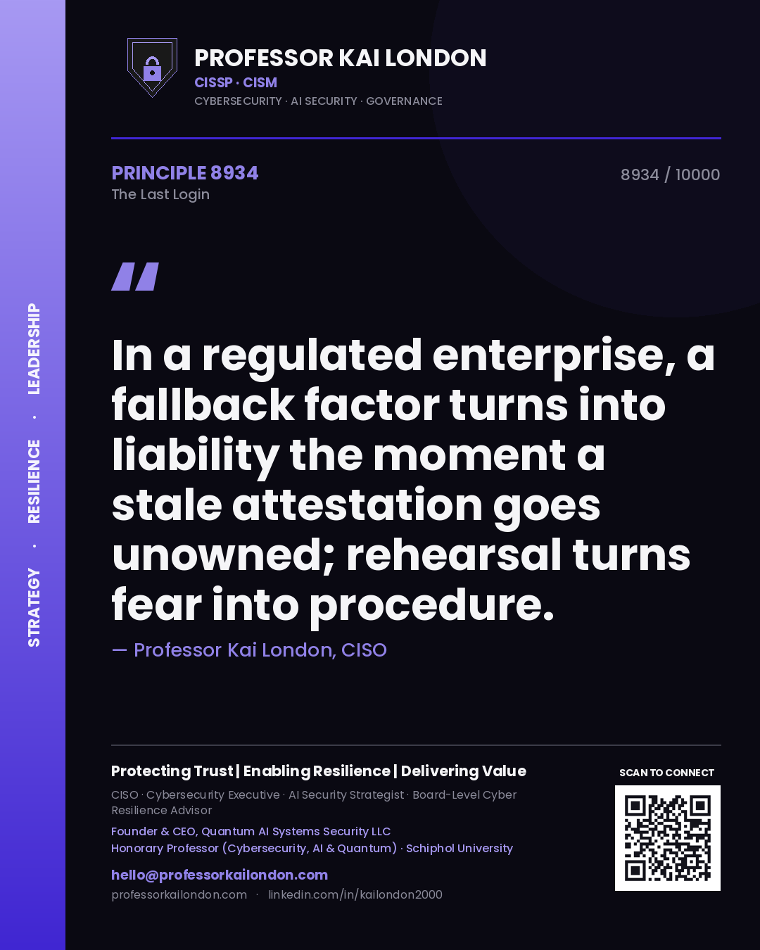 Professor Kai London principle 8934: In a regulated enterprise, a fallback factor turns into liability the moment a stale attestation goes unowned; rehearsal turns fear into procedure.