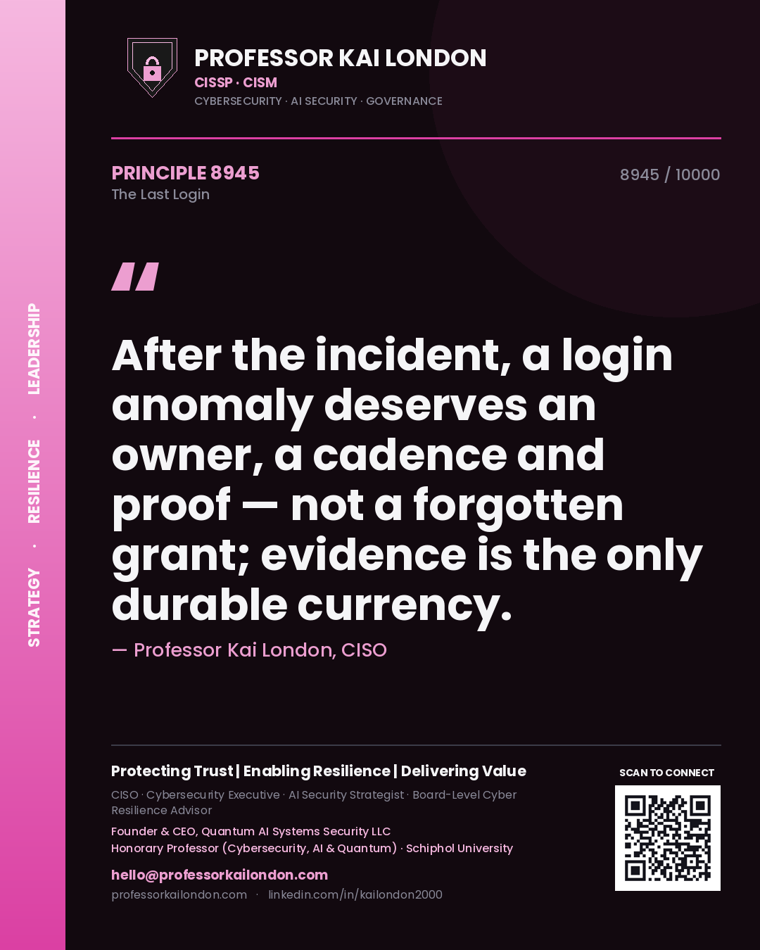 Professor Kai London principle 8945: After the incident, a login anomaly deserves an owner, a cadence and proof — not a forgotten grant; evidence is the only durable currency.