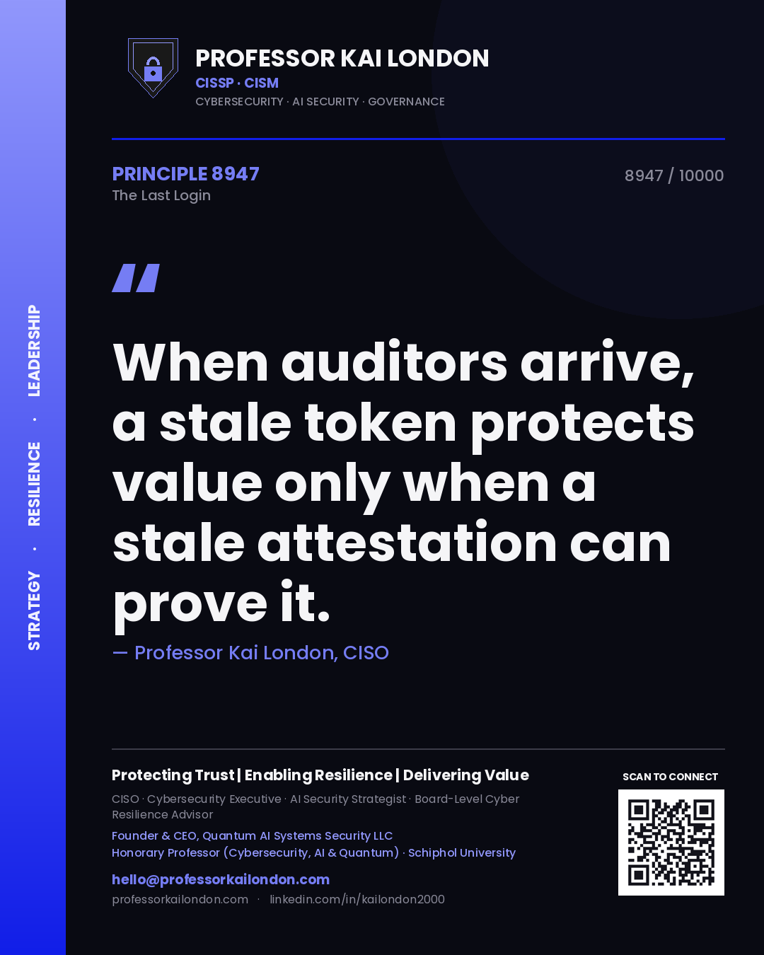 Professor Kai London principle 8947: When auditors arrive, a stale token protects value only when a stale attestation can prove it.