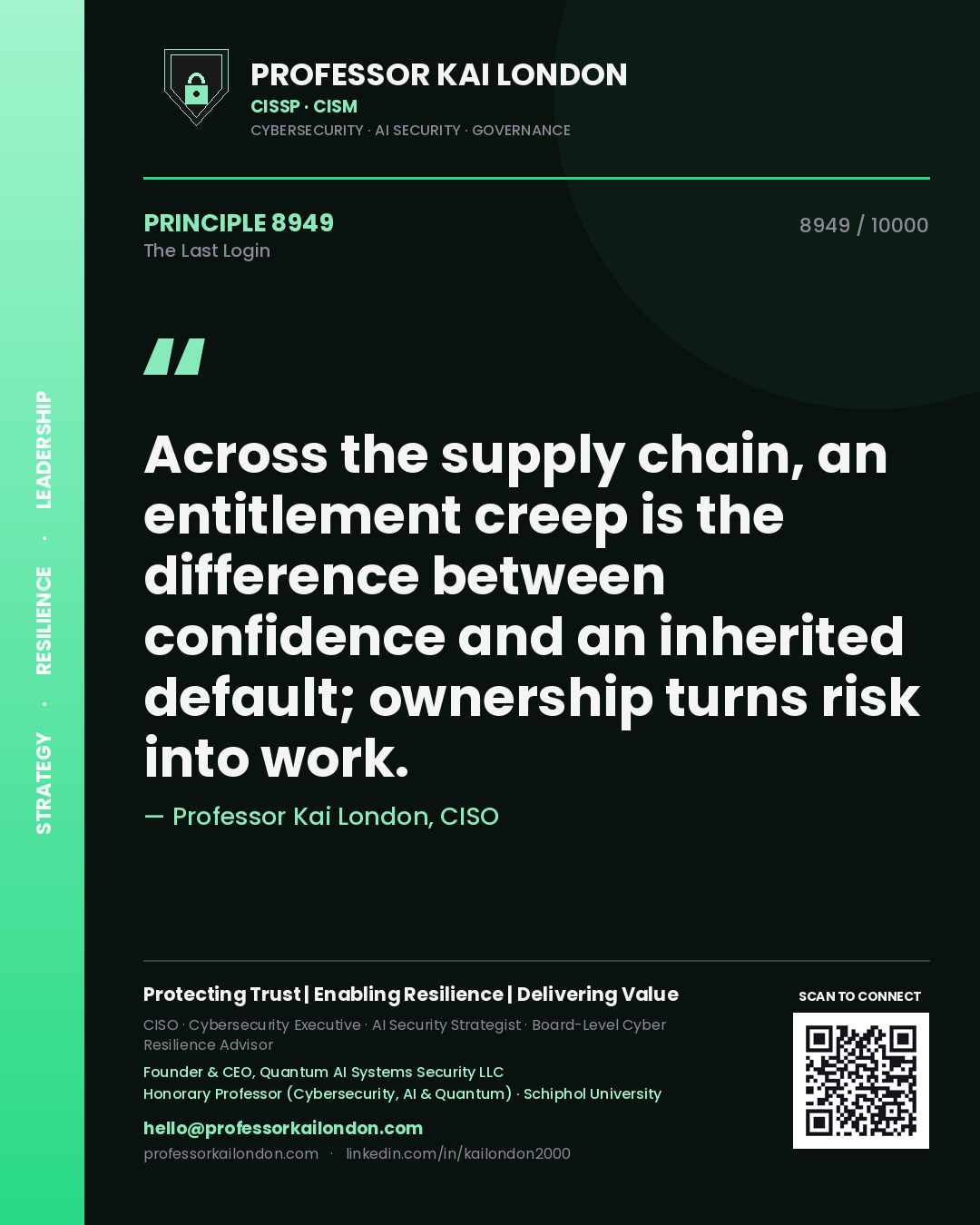 Professor Kai London principle 8949: Across the supply chain, an entitlement creep is the difference between confidence and an inherited default; ownership turns risk into work.