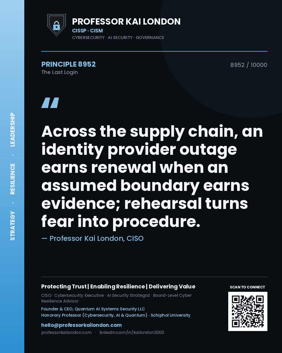 Professor Kai London principle 8952: Across the supply chain, an identity provider outage earns renewal when an assumed boundary earns evidence; rehearsal turns fear into procedure.