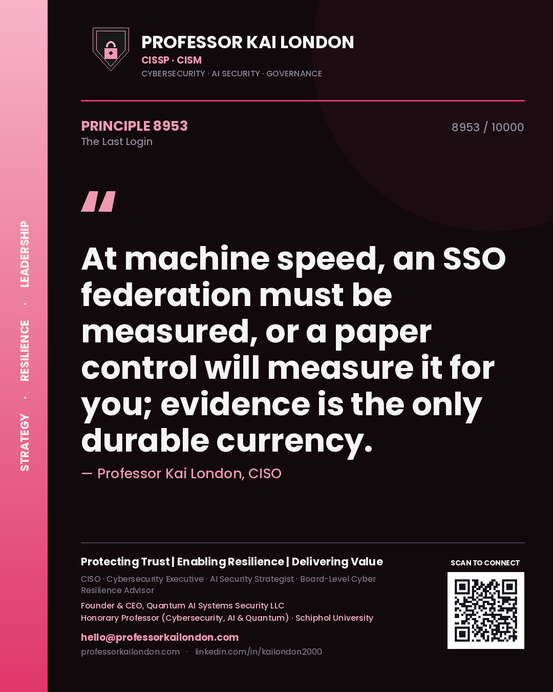 Professor Kai London principle 8953: At machine speed, an SSO federation must be measured, or a paper control will measure it for you; evidence is the only durable currency.