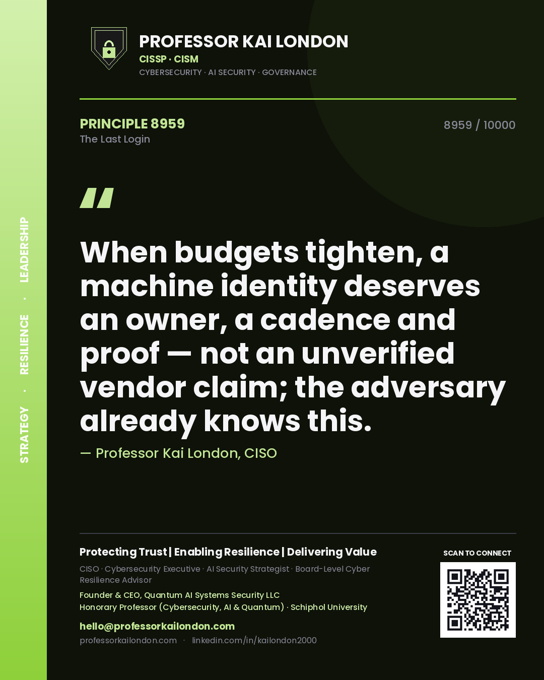 Professor Kai London principle 8959: When budgets tighten, a machine identity deserves an owner, a cadence and proof — not an unverified vendor claim; the adversary already knows this.