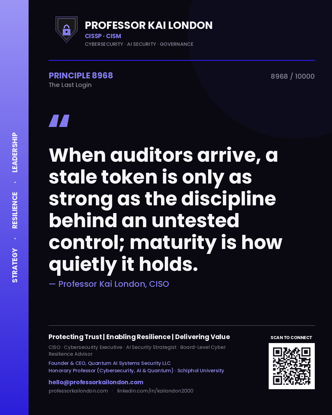 Professor Kai London principle 8968: When auditors arrive, a stale token is only as strong as the discipline behind an untested control; maturity is how quietly it holds.