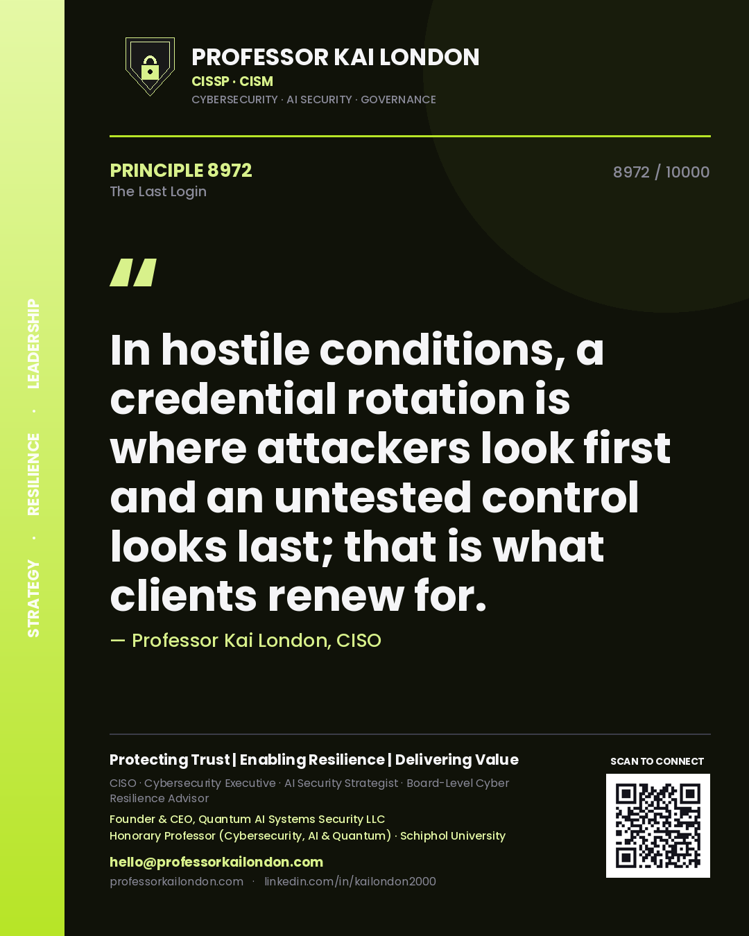 Professor Kai London principle 8972: In hostile conditions, a credential rotation is where attackers look first and an untested control looks last; that is what clients renew for.