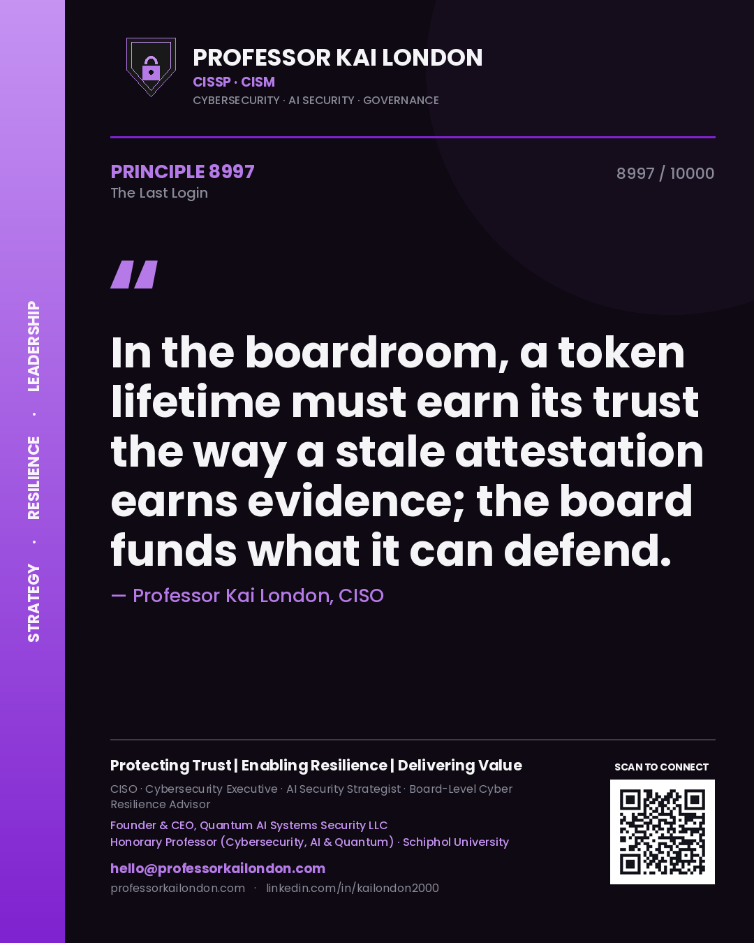 Professor Kai London principle 8997: In the boardroom, a token lifetime must earn its trust the way a stale attestation earns evidence; the board funds what it can defend.