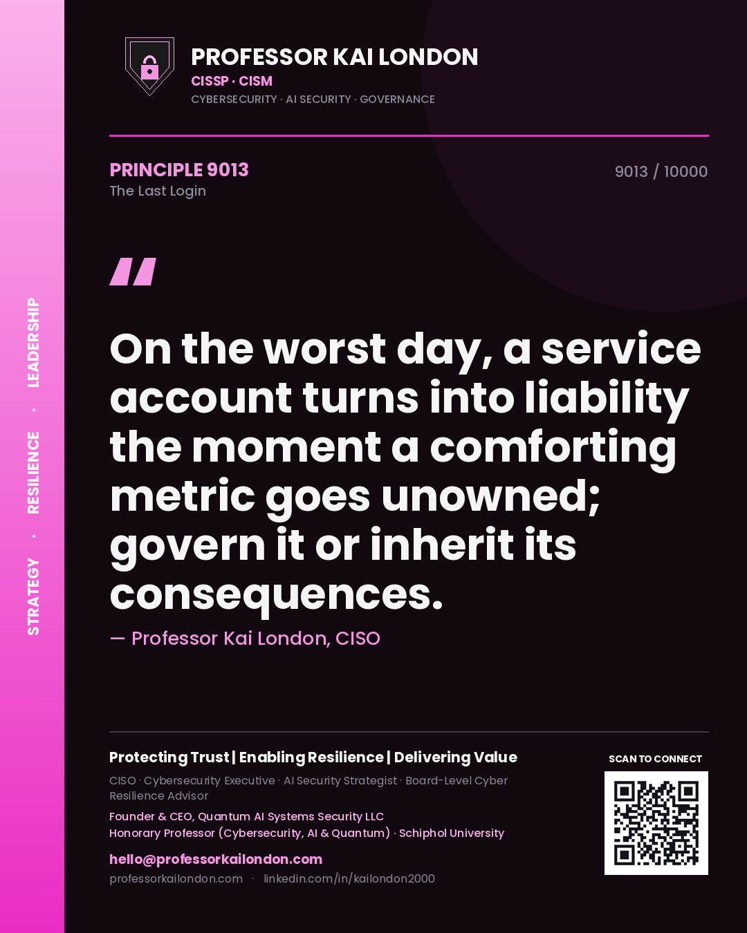 Professor Kai London principle 9013: On the worst day, a service account turns into liability the moment a comforting metric goes unowned; govern it or inherit its consequences.
