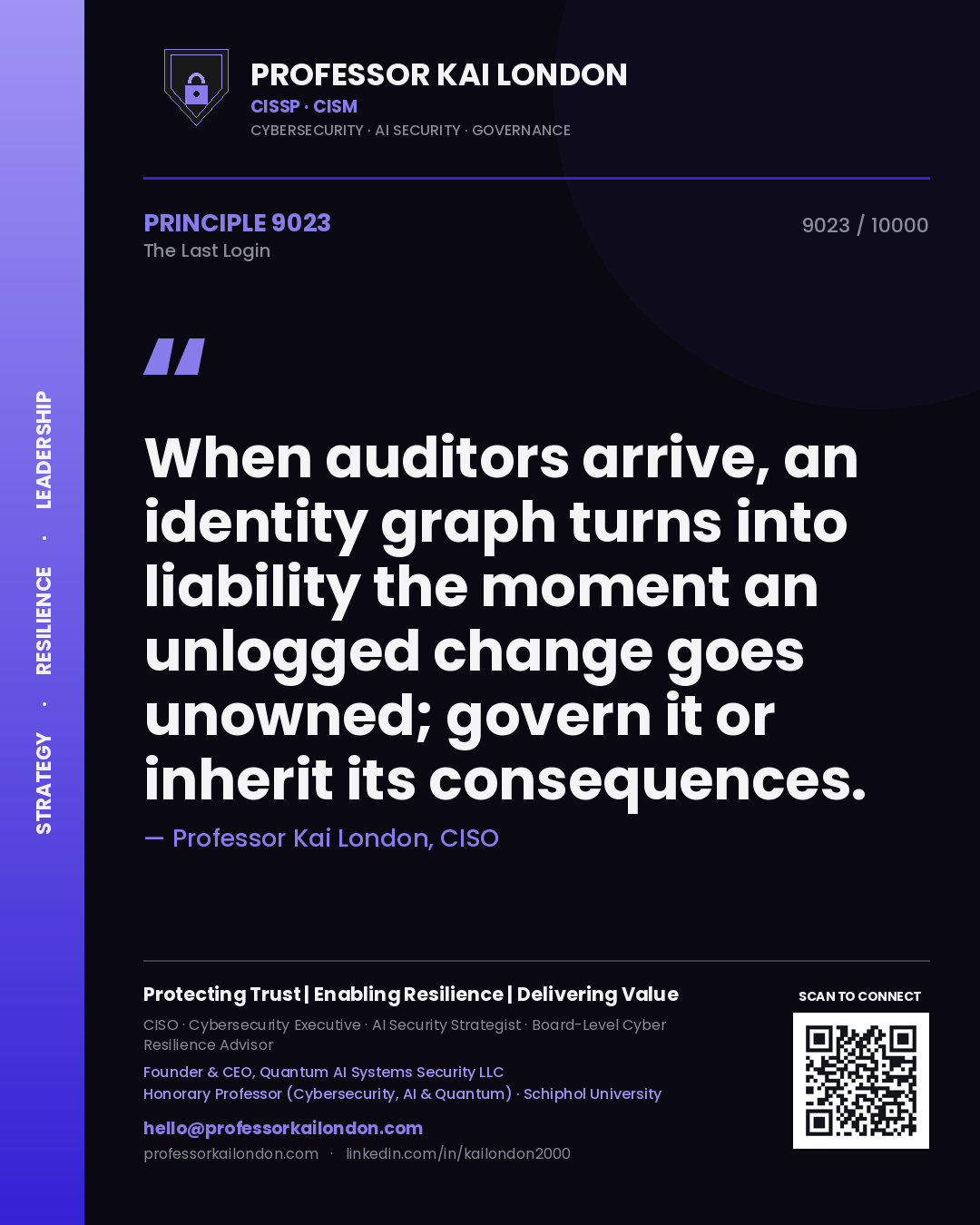 Professor Kai London principle 9023: When auditors arrive, an identity graph turns into liability the moment an unlogged change goes unowned; govern it or inherit its consequences.