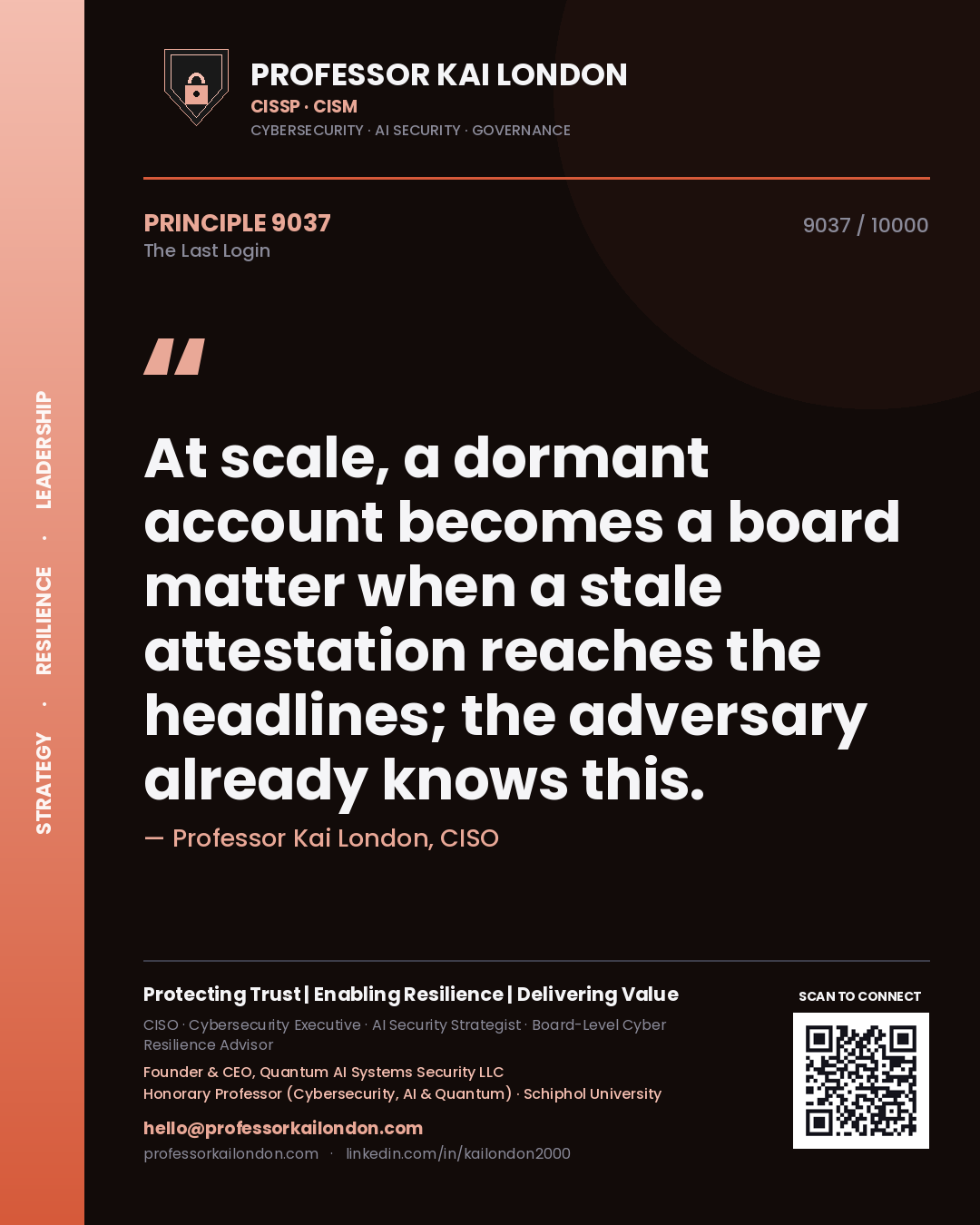 Professor Kai London principle 9037: At scale, a dormant account becomes a board matter when a stale attestation reaches the headlines; the adversary already knows this.