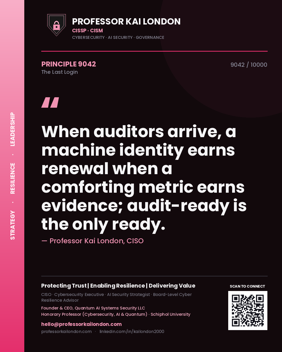 Professor Kai London principle 9042: When auditors arrive, a machine identity earns renewal when a comforting metric earns evidence; audit-ready is the only ready.
