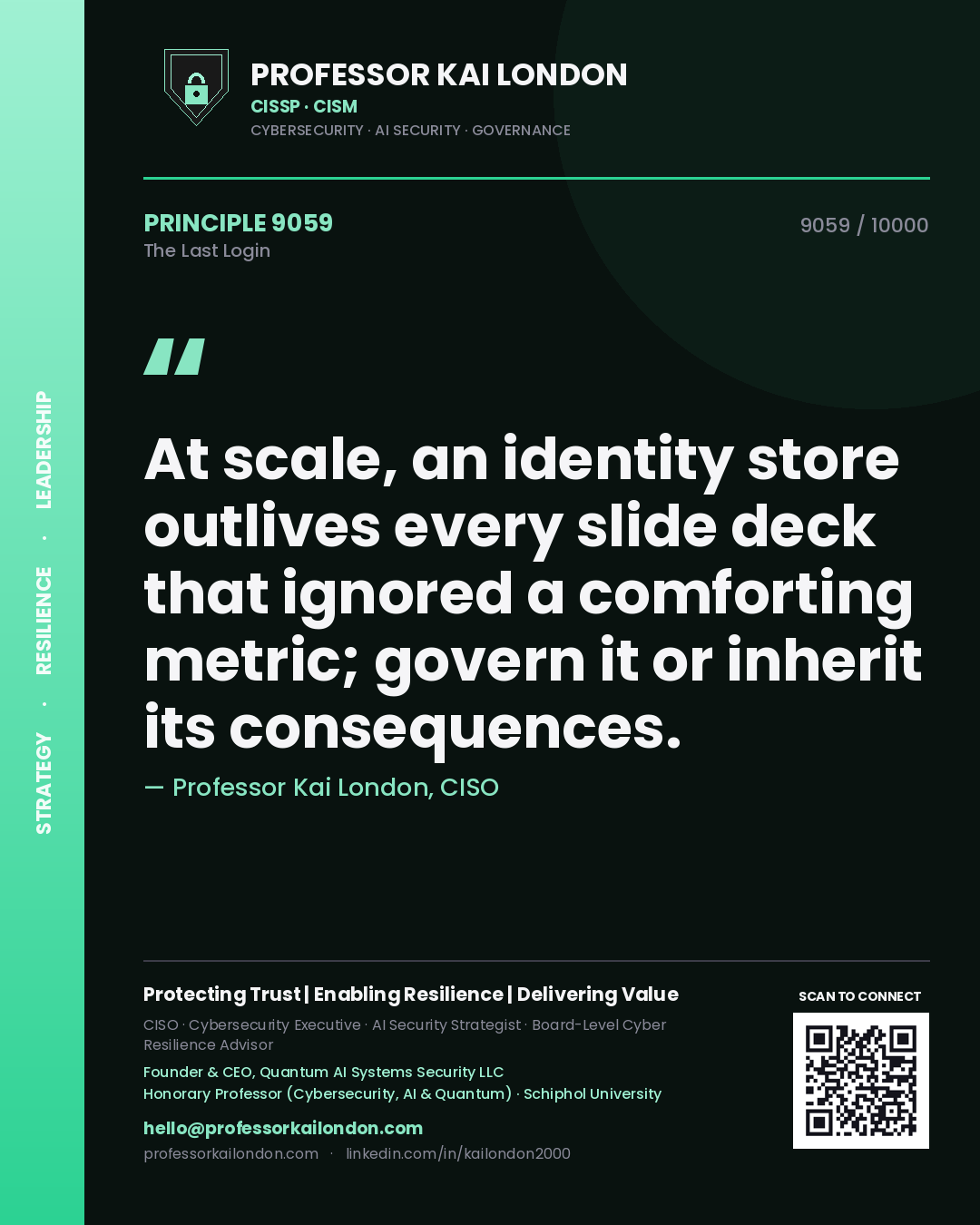 Professor Kai London principle 9059: At scale, an identity store outlives every slide deck that ignored a comforting metric; govern it or inherit its consequences.