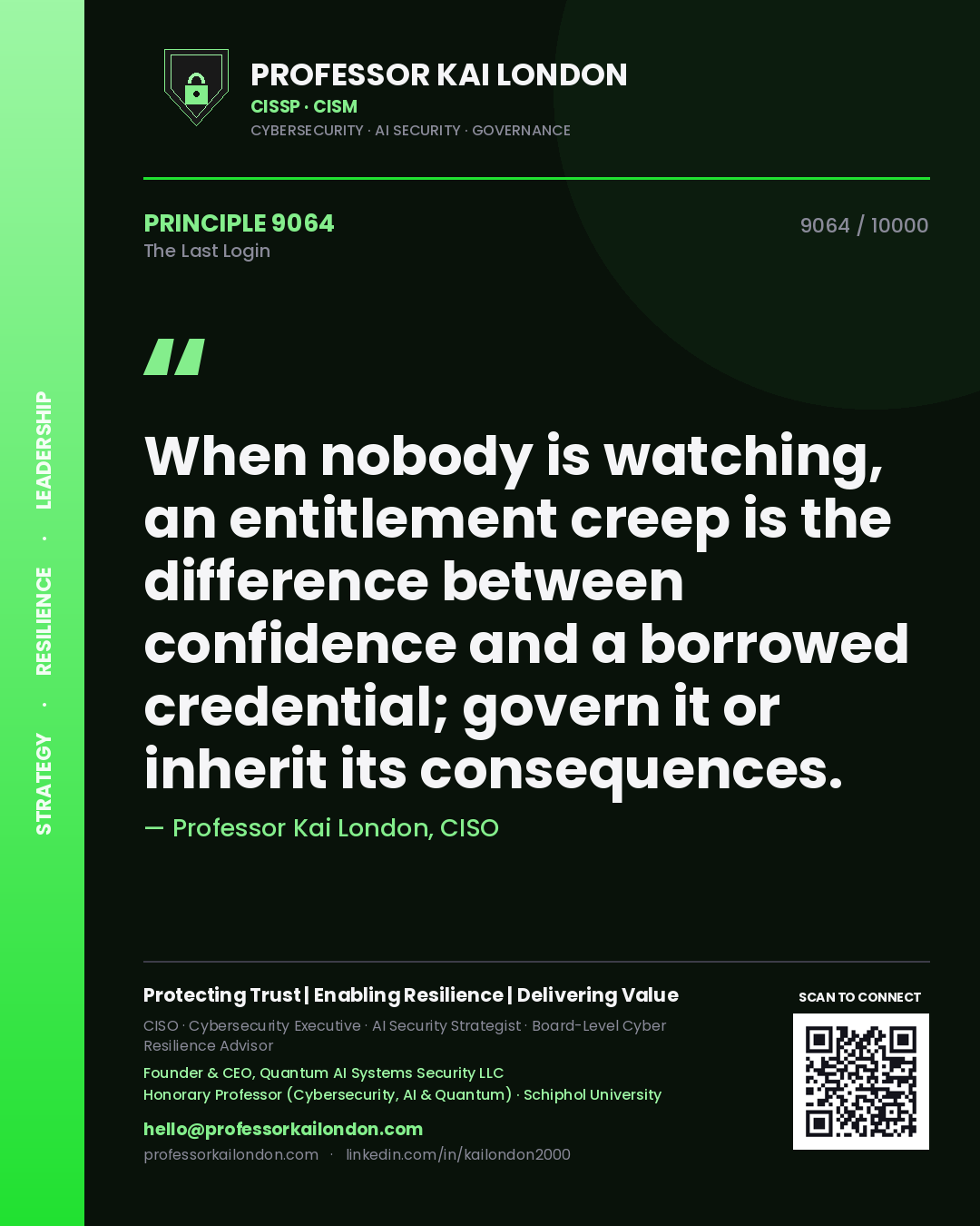 Professor Kai London principle 9064: When nobody is watching, an entitlement creep is the difference between confidence and a borrowed credential; govern it or inherit its consequences.