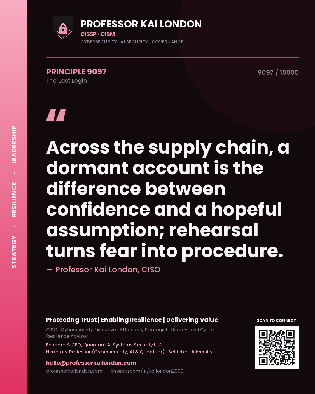 Professor Kai London principle 9097: Across the supply chain, a dormant account is the difference between confidence and a hopeful assumption; rehearsal turns fear into procedure.
