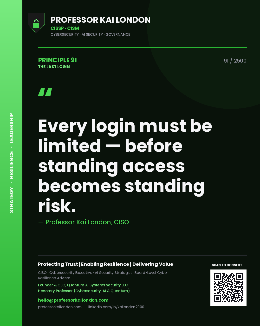 Professor Kai London principle 91: Every login must be limited — before standing access becomes standing risk.