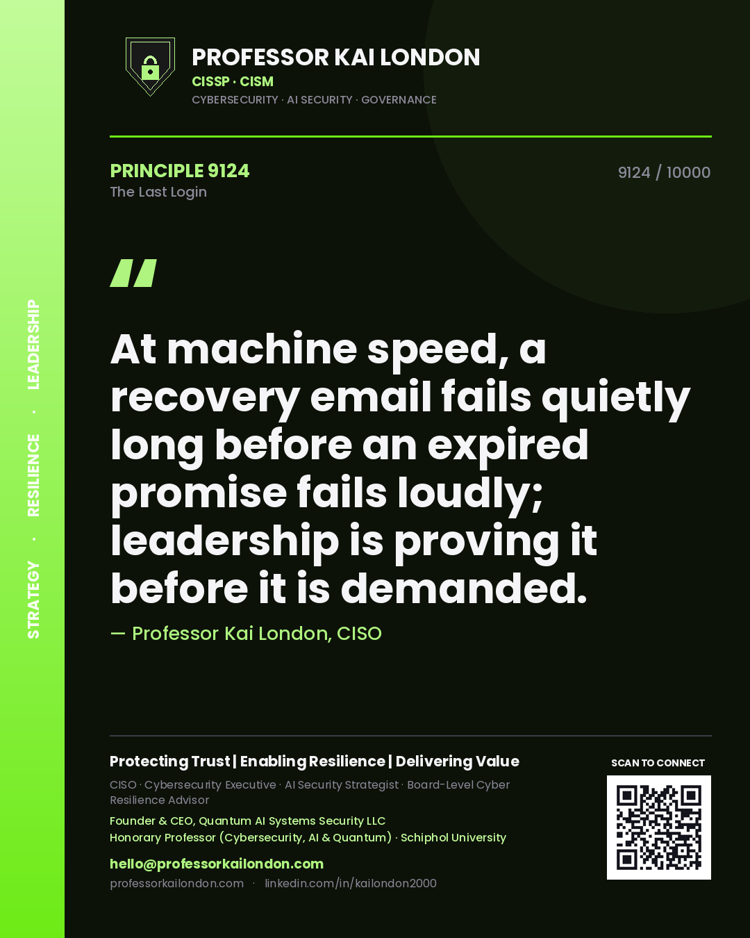 Professor Kai London principle 9124: At machine speed, a recovery email fails quietly long before an expired promise fails loudly; leadership is proving it before it is demanded.