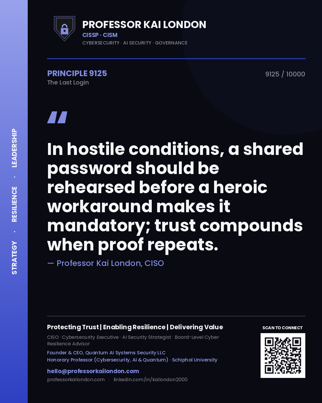 Professor Kai London principle 9125: In hostile conditions, a shared password should be rehearsed before a heroic workaround makes it mandatory; trust compounds when proof repeats.