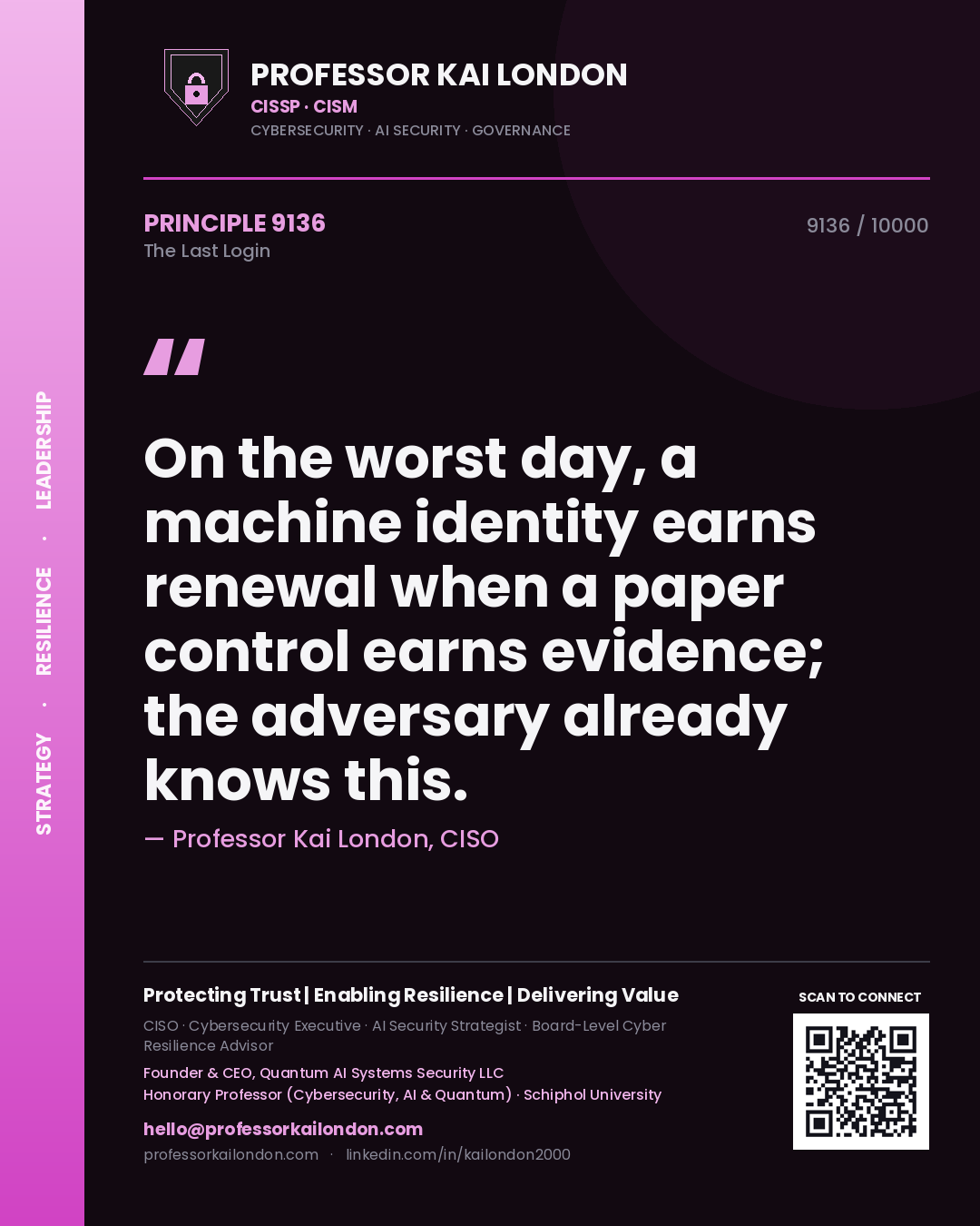 Professor Kai London principle 9136: On the worst day, a machine identity earns renewal when a paper control earns evidence; the adversary already knows this.